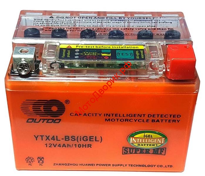 Аккумуляторная батарея 12V4Ah (113x69x85) (гелевая, необслуж.) OUTDO  (с тестером), 53539